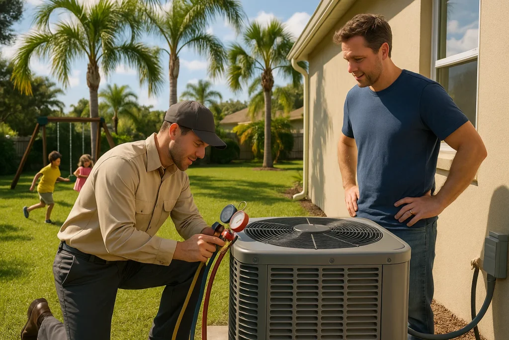 Technician services outdoor AC condenser with homeowner watching in Lake Mary FL.