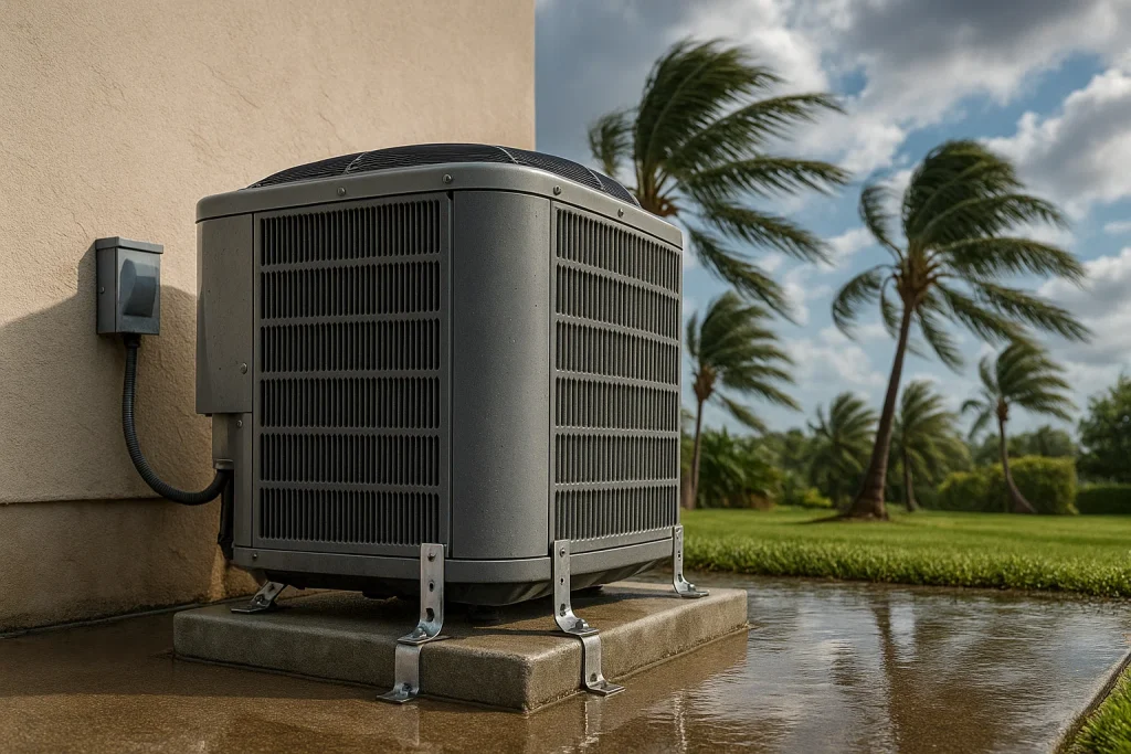 Outdoor AC unit in Orlando secured with hurricane straps on a concrete slab, surrounded by puddles and cleared debris after a storm.