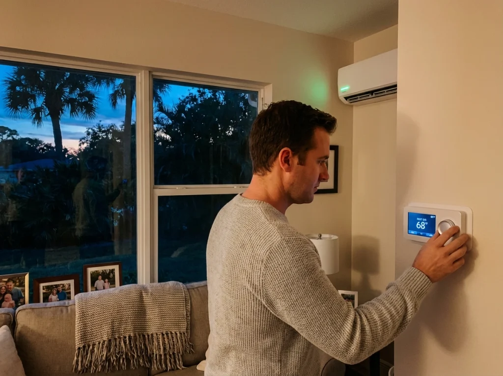 Florida family setting thermostat to heat mode in living room after sunset.