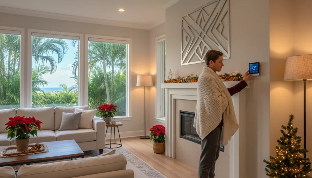 Homeowner adjusting smart thermostat to reduce energy bills during holidays