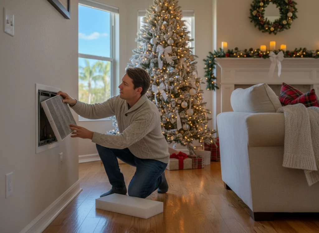 Homeowner changing air filter before holiday guests arrive in decorated home