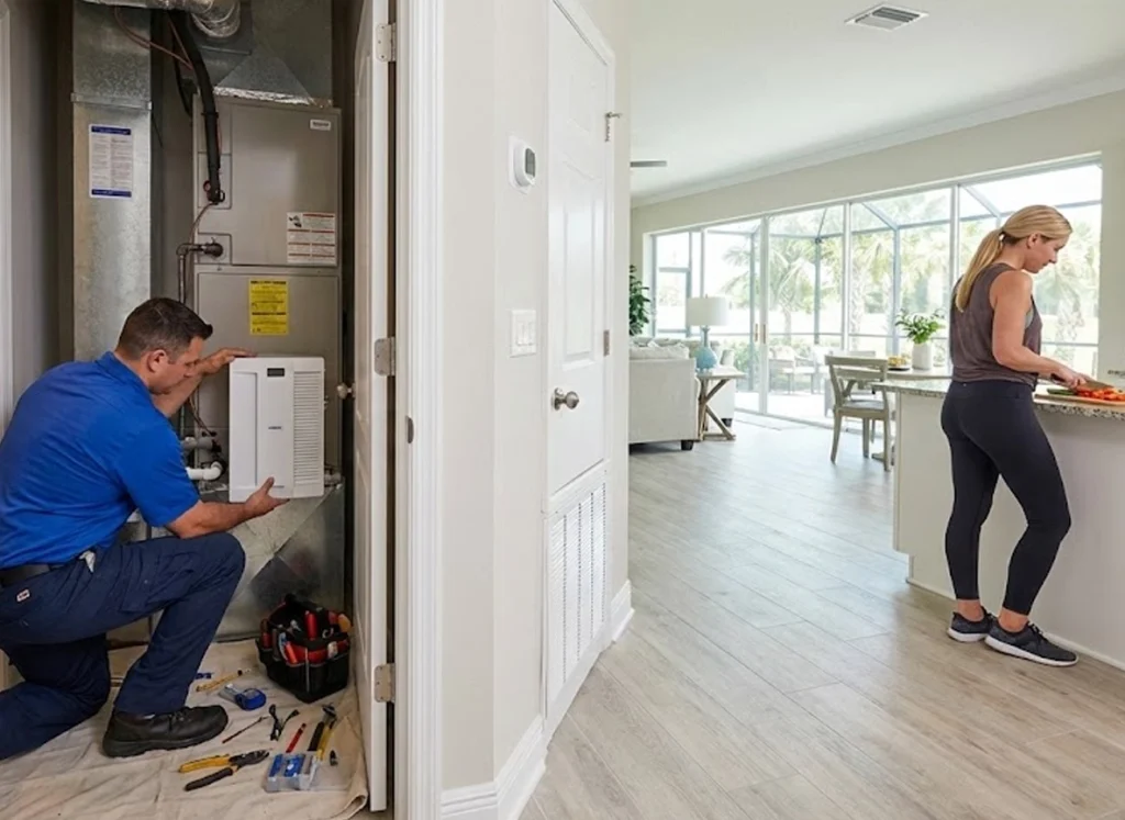 HVAC tech installing a whole home air purifier in a home.