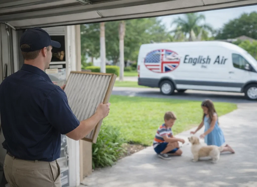 An HVAC technician in the garage of Florida Home changing the air filter.