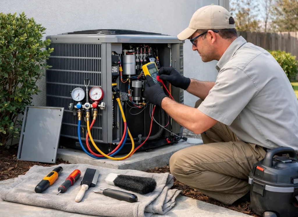 HVAC technician performing winter AC tune-up checking refrigerant and electrical components in Central Florida